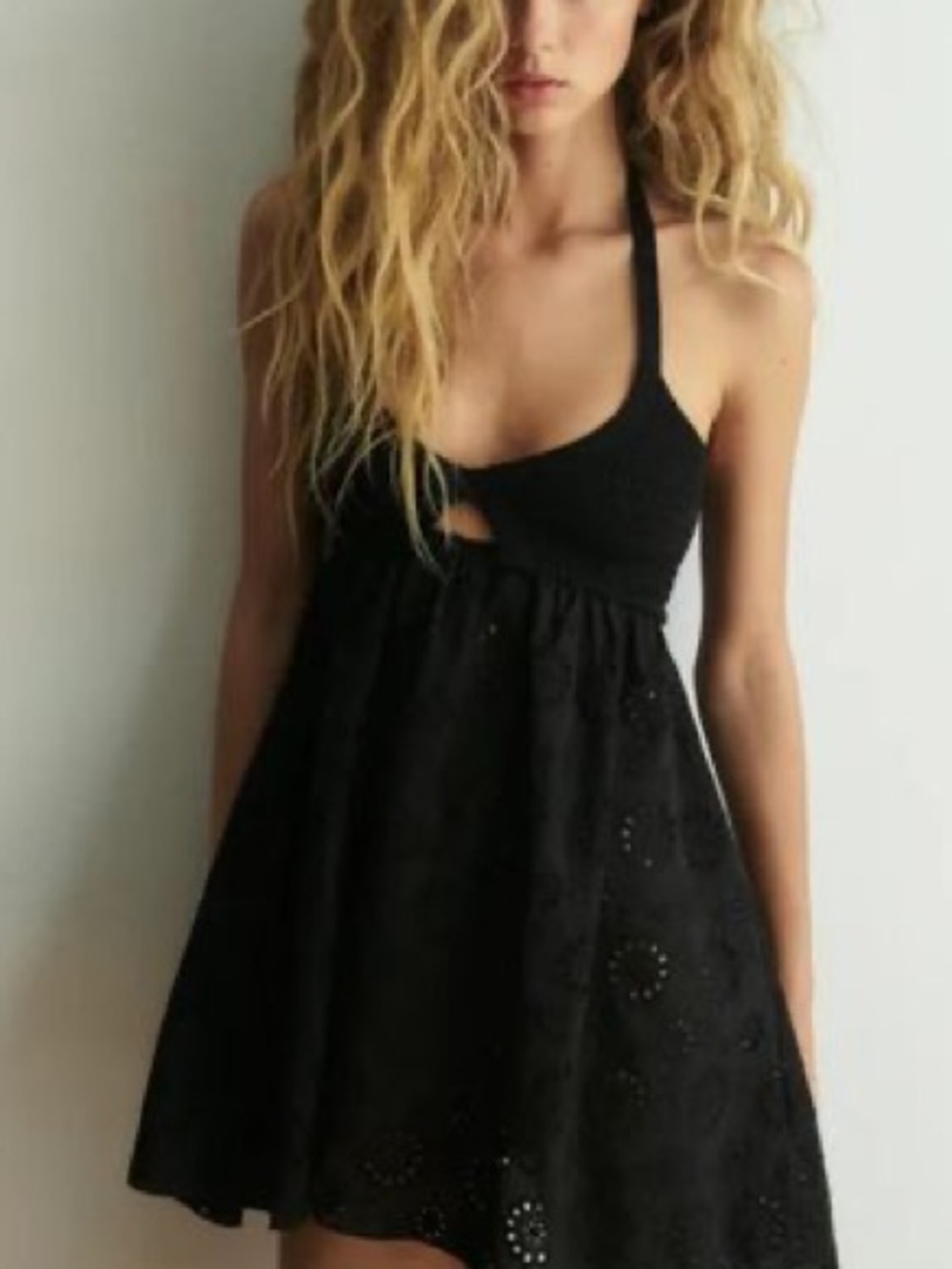 Zara Black Halter Eyelet Mini Dress